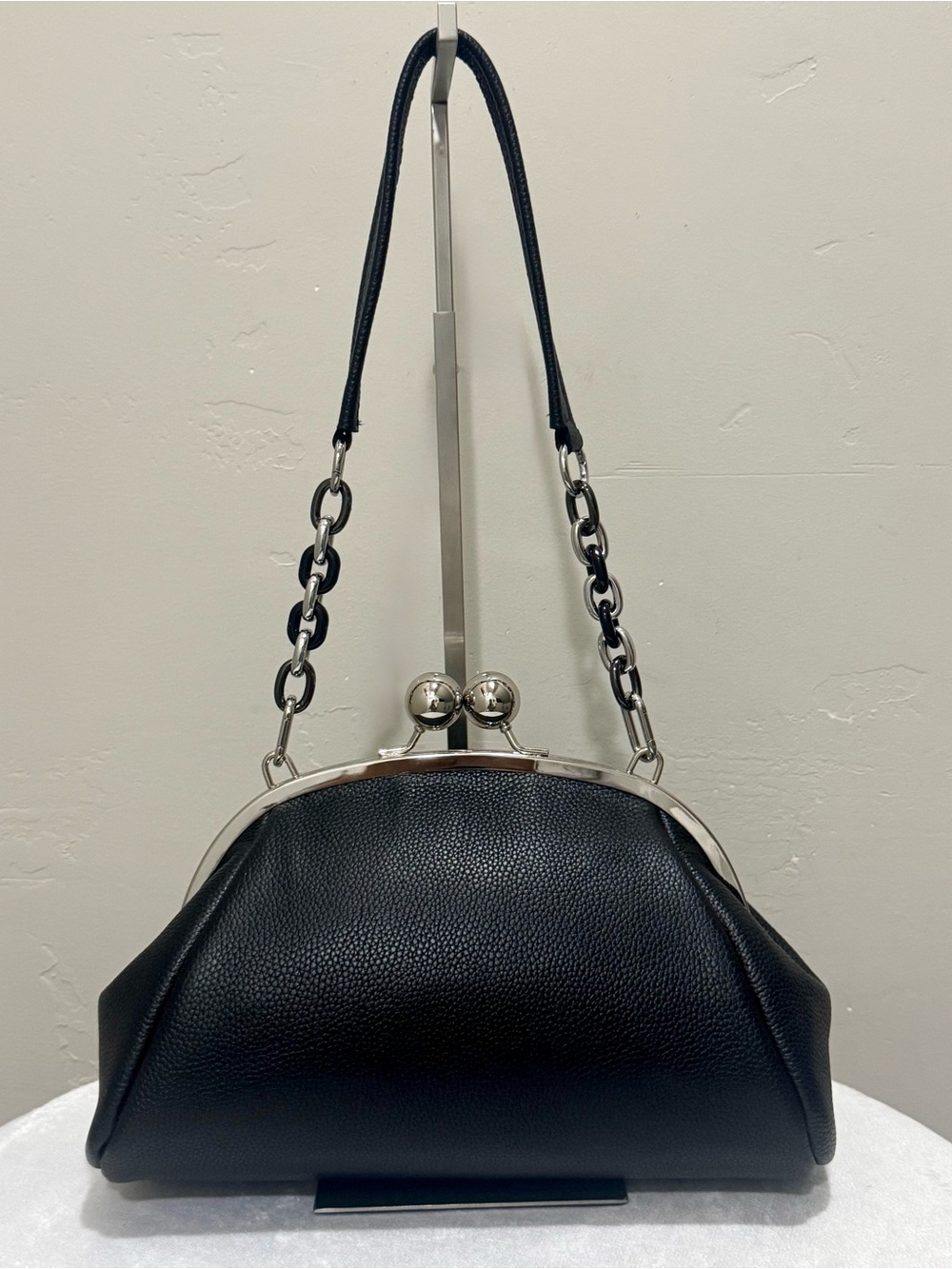 Black Togo Cowhide Leather Handmade Retro Style Kisslock Bag, Multi Use Style